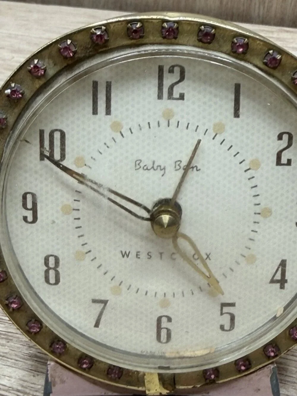 Vtg Baby Ben Alarm Clock Pink W/Brass Plated Base And Pink Stones In Lens Bezel